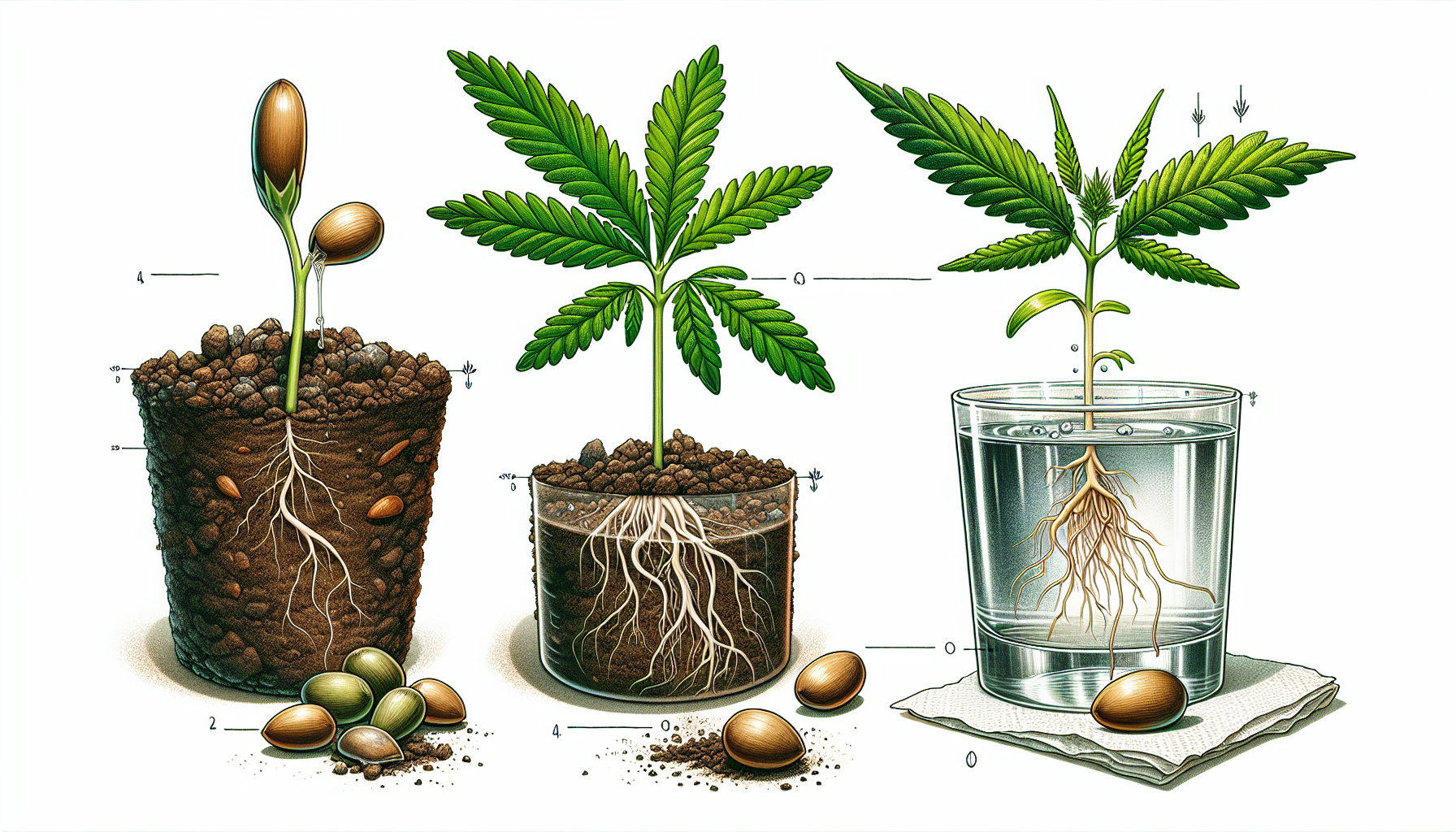 Illustration von verschiedenen Keimmethode für Cannabissamen